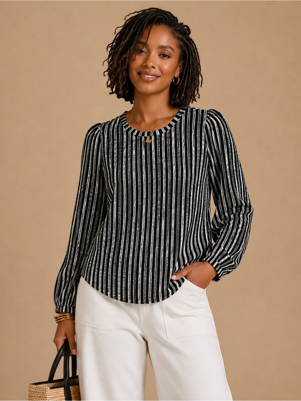 Black White Striped Long Sleeve Puff Shoulder Tunic Top Size S